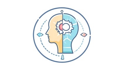 A stylized illustration of a human head, split in two, with a gear in the center.  Circular design elements surround the head