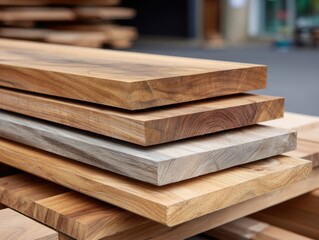A detailed close-up of several stacked raw wooden planks, highlighting their natural grains, varied textures, and distinct edges.