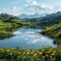 Vibrant wildflower field by lake high resolution picture