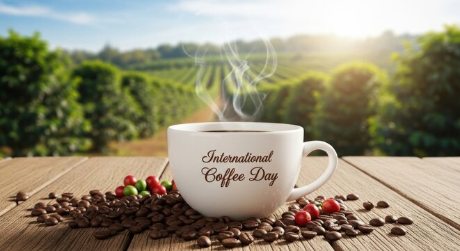 Steaming cup of coffee on a wooden table with coffee beans, celebrating International Coffee Day with a plantation background. - Powered by Adobe