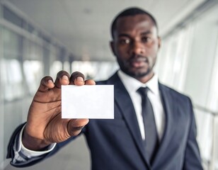 Businessman holding blank card