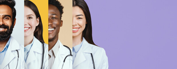A collage highlights four healthcare professionals of different ethnic backgrounds wearing lab coats and stethoscopes.