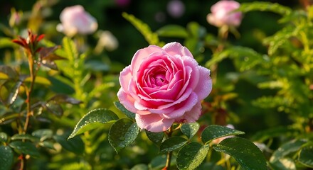 Pink rose flower blooms in a garden, displaying a delicate floral scene