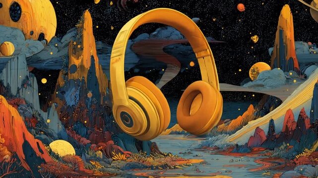 Golden headphones in cosmic landscape