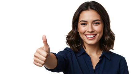 Cheerful young woman giving thumbs up isolated on transparent background, expressing positivity and approval with a bright smile and confident gesture
