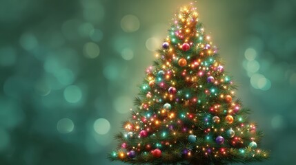 christmas tree decorated a vibrant christmas tree adorned with multicolored lights and baubles glowing against a soft green background