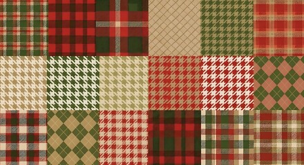 Festive tartan and houndstooth collage background for holiday designs
