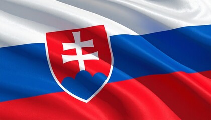 Slovakian national flag with white, blue, and red horizontal stripes, featuring coat of arms with double cross on three-peaked mountain.
