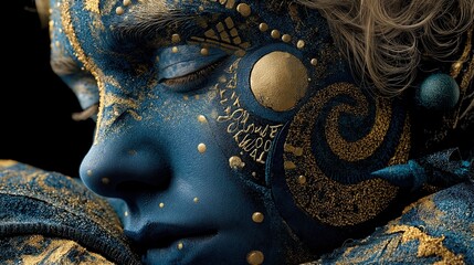 Artistic makeup display highlighting intricate designs on a model's face
