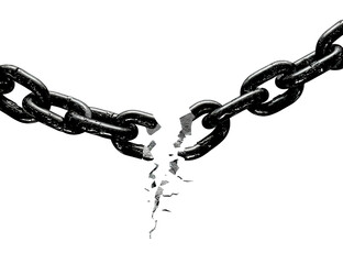 An isolated, strong metal chain link with a broken connection on a white background