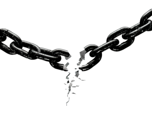 An isolated, strong metal chain link with a broken connection on a white background