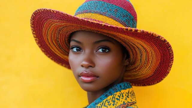 A woman wearing a vibrant hat and matching scarf, perfect for a bright and cheerful photo shoot or fashion concept