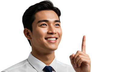Smiling asian man pointing up isolated on transparent background, having an idea, finding solution, and showing direction or making announcement