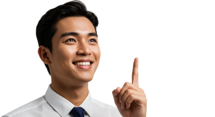 Smiling asian man pointing up isolated on transparent background, having an idea, finding solution, and showing direction or making announcement