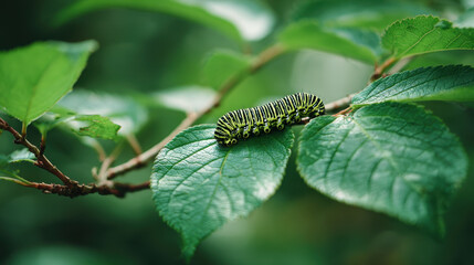 Green striped caterpillar resting on vibrant green leaves among natural foliage in a serene forest setting, blending perfectly with its lush surroundings and soft lighting.