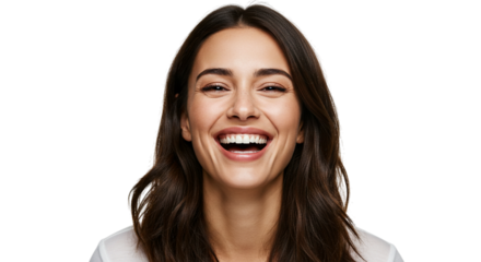 Closeup portrait of a beautiful young woman laughing, isolated on transparent background she has long brown hair and is wearing a white shirt