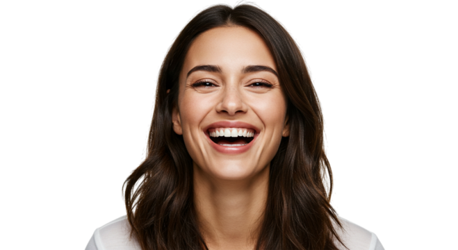 Closeup portrait of a beautiful young woman laughing, isolated on transparent background she has long brown hair and is wearing a white shirt