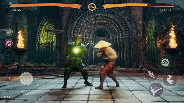 Playing the newest vs fighting gaming simulator on the mobile phone. Controlling the warrior using touchscreen in vs fighting gaming battle. Winning the match of the competitive vs fighting gaming.