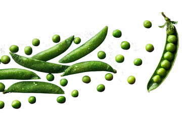 Fresh green peas in a pod are isolated on a white background, highlighting their healthy, raw, and organic nature
