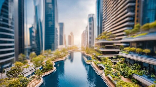 Urban Oasis: A mesmerizing cityscape unfolds, showcasing a modern urban development seamlessly integrated with nature, where a serene waterway flows amidst towering buildings under a bright.