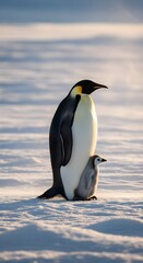 Fototapeta premium A majestic Emperor Penguin stands tall, protecting its young chick in the pristine Antarctic wilderness, a heartwarming scene of familial bond