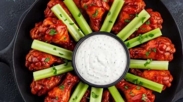 Plate of buffalo chicken wings with celery sticks and ranch dip, arranged in a circular pattern