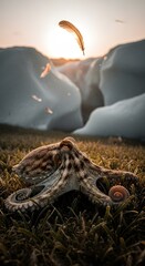 Obraz premium An artistic portrayal of an octopus resting on grass, with a surreal floating feather and glacial backdrop, illuminated by the setting sun