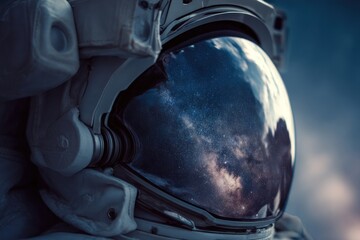 Close-up astronaut helmet, cosmic view