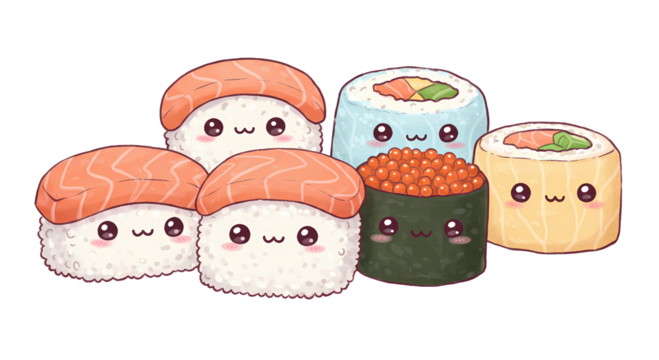 Cute Kawaii Sushi Characters Illustration - Powered by Adobe