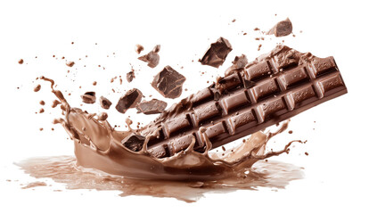Closeup of a delicious brown chocolate bar with a sweet milk splash