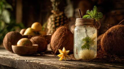 Tropical Refreshment - Coconut Drink with Pineapple and Citrus Fruits.