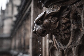 Stone gargoyle head, water dripping