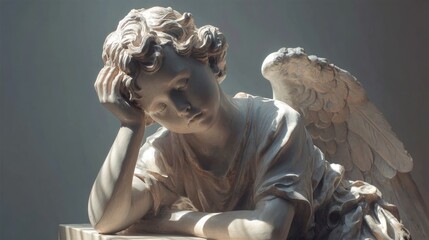 Melancholy angel sculpture with gentle light and shadow