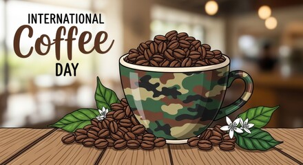 Celebrate International Coffee Day with a rich cup of roasted beans and fresh leaves