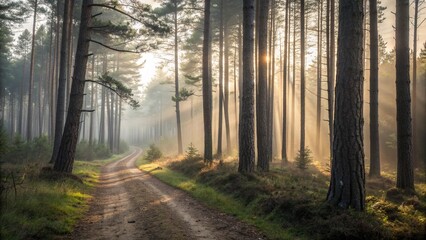 Sunbeams Illuminating a Misty Forest Path