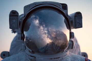Astronaut helmet, starry sky reflected