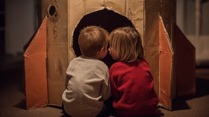 Two children kiss inside cardboard rocket