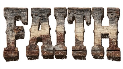 Weathered wooden letters spell out the word FAITH, evoking resilience and enduring belief