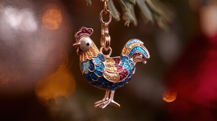 Ornate rooster charm hangs as a festive holiday decoration against a bokeh background.