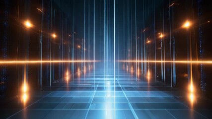 Futuristic data center with glowing lights and grid pattern, showcasing advanced technology and digital innovation. - Powered by Adobe