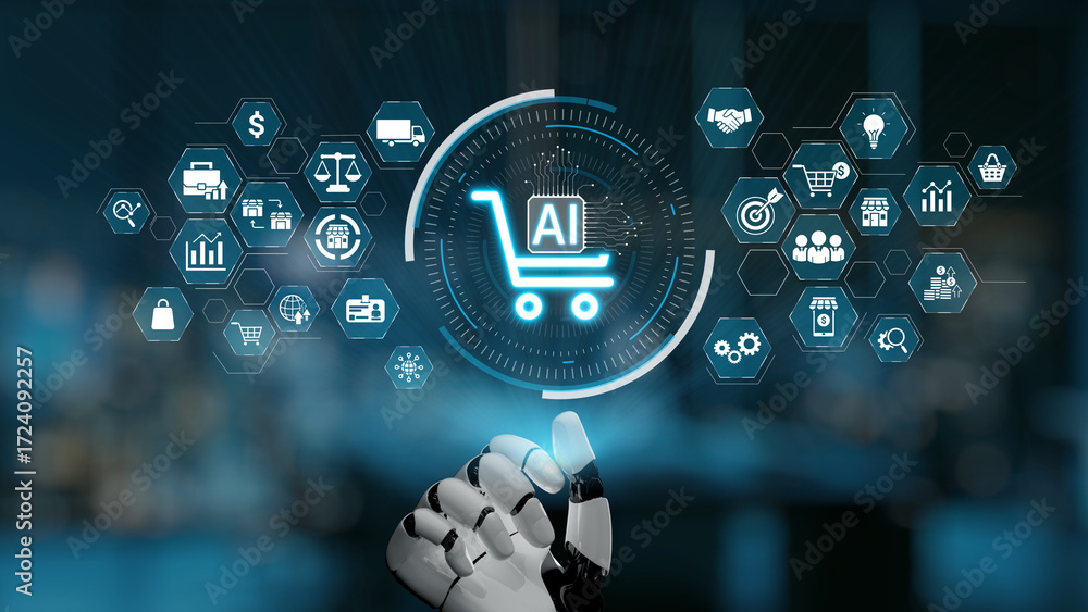 Poster A robotic hand engages with an AI-powered shopping cart icon, highlighting the intersection of technology and e-commerce. The scene illustrates innovation in retail through automation. Synapse
