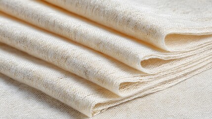 Close up of a stack of soft linen fabric with a neutral color