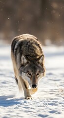 Obraz premium Lone Wolf Strolling Through Snow-Covered Meadow, Wildlife of Wilderness, Predator in Winter