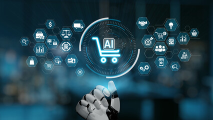 A robotic hand engages with an AI-powered shopping cart icon, highlighting the intersection of technology and e-commerce. The scene illustrates innovation in retail through automation. Synapse