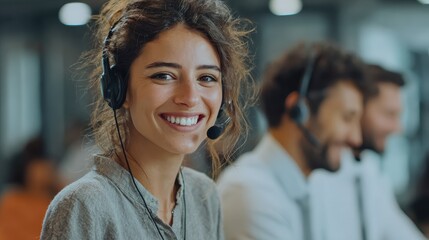 young employee working with a headset and accompanied by her team no logos no brands ar 169