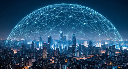 Futuristic city skyline connected by glowing blue network grid urban technology