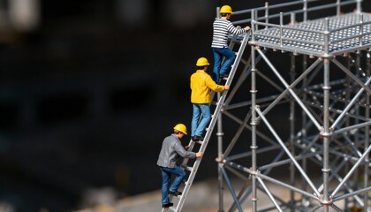 Three construction workers on scaffolding wearing hard hats, gritty and realistic scene