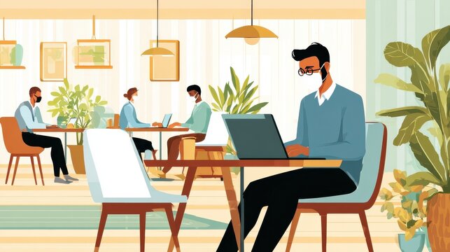 indian business man student wearing face mask working on laptop safe distancing diverse people in facemasks using computers sitting at table with social distance sign in office coworking or cafeteria