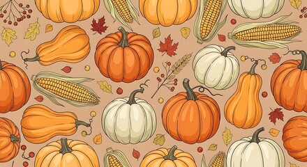 Autumn Pumpkin Pattern with Gourds Corn Leaves on Beige Background