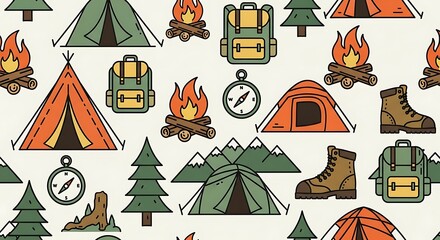 Camping Tent Forest Backpack Firewood Hiking Boots Nature Travel Illustration